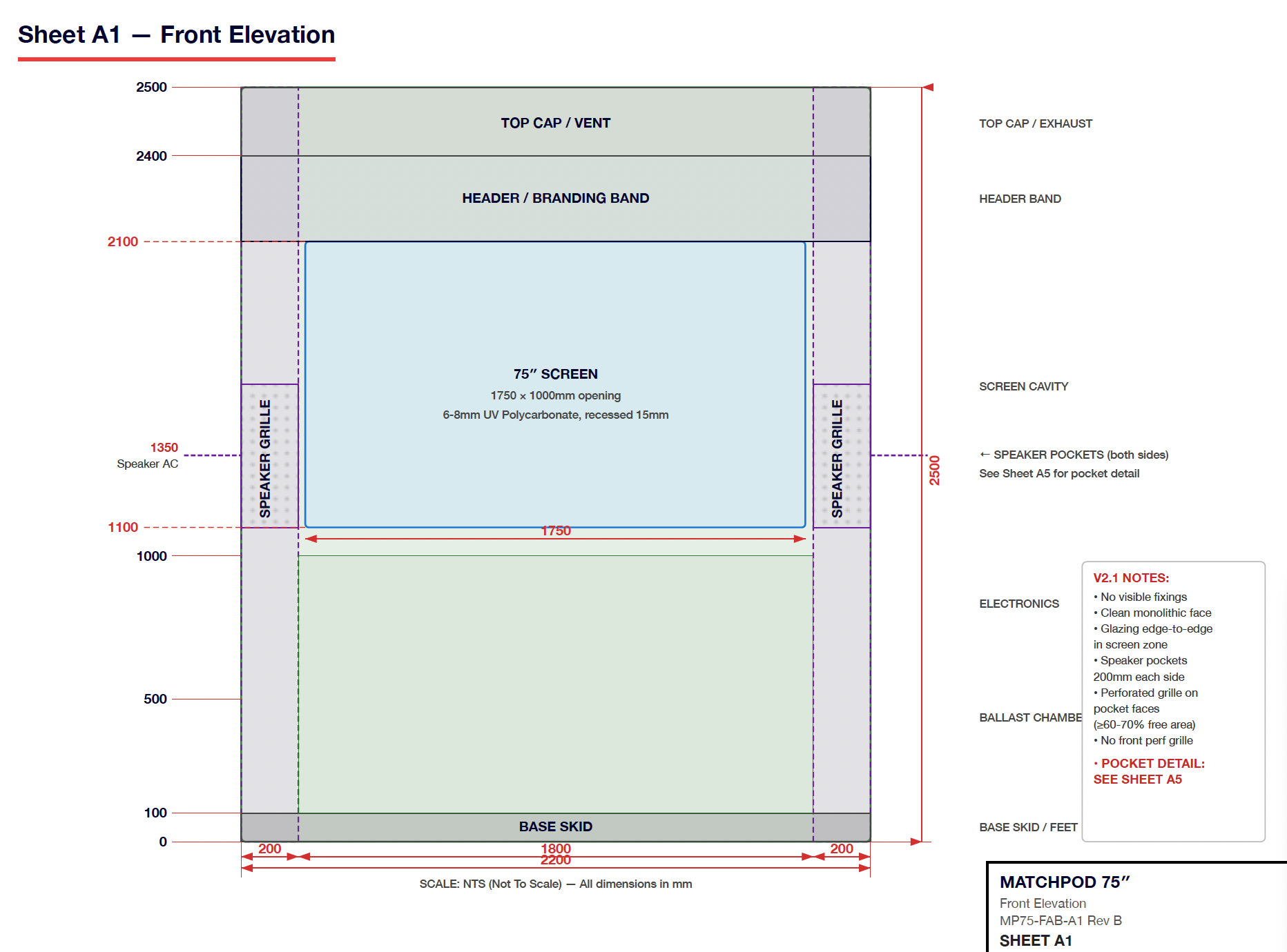 MatchPod 75 front elevation fabrication drawing